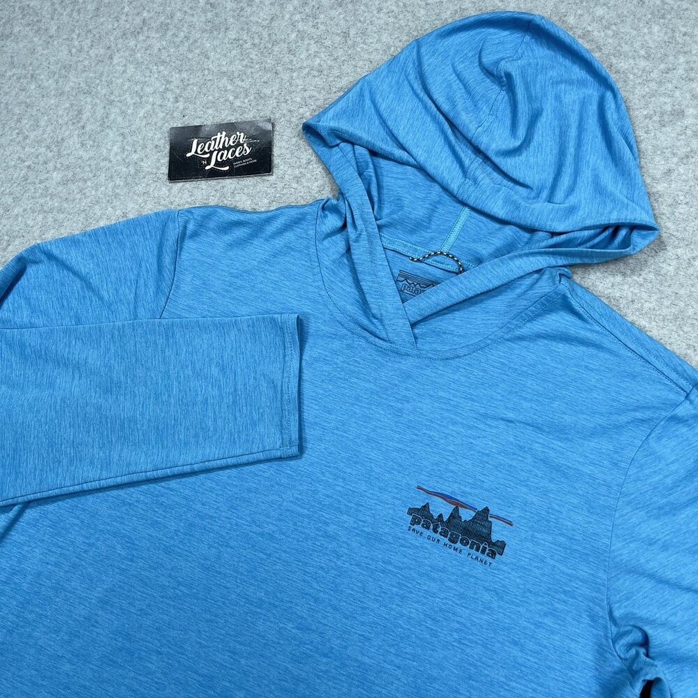Patagonia Base Layer Mens Small Blue Pullover Save Our Home Planet Capilene Hood